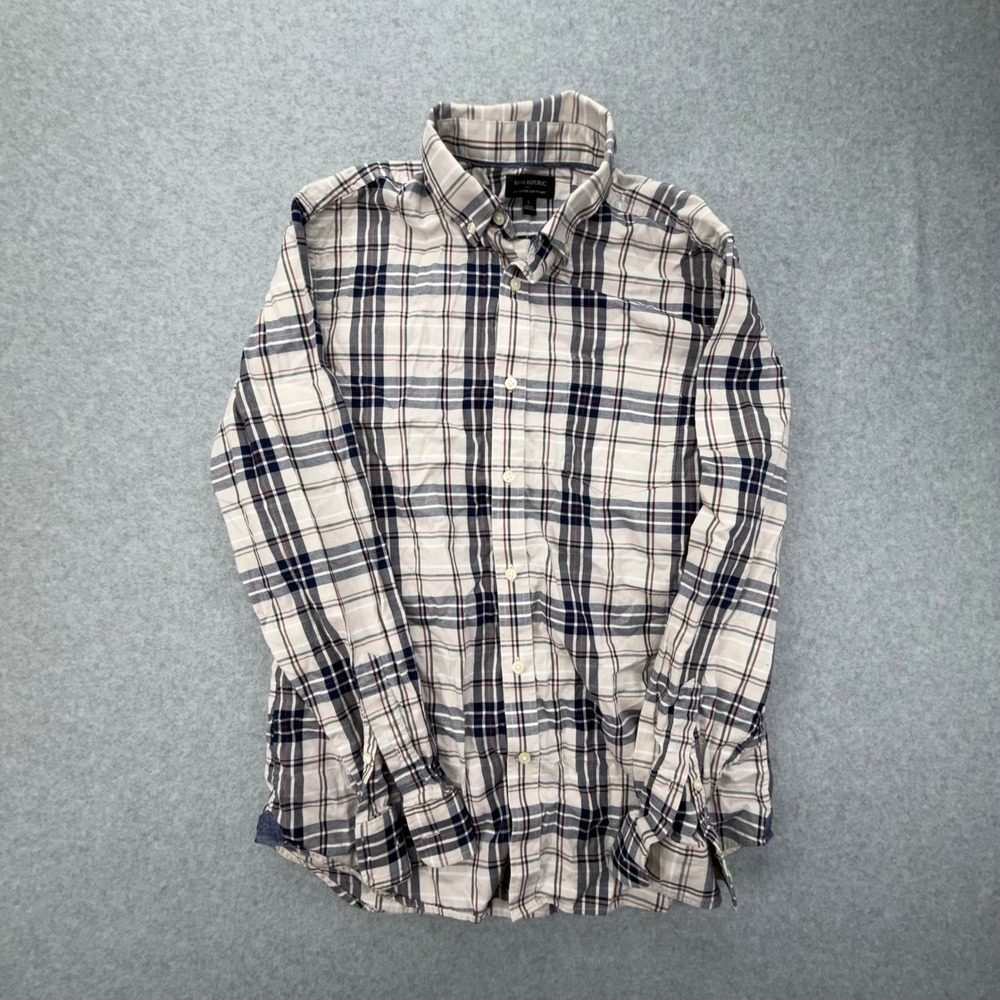 Banana Republic‎ Mens Large Stretch Oxford Slim Fit Shirt Plaid Button Down Navy